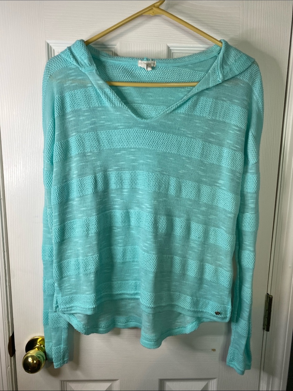 Aeropostale Light Aqua Striped Knit Hooded Sweater Size Medium.